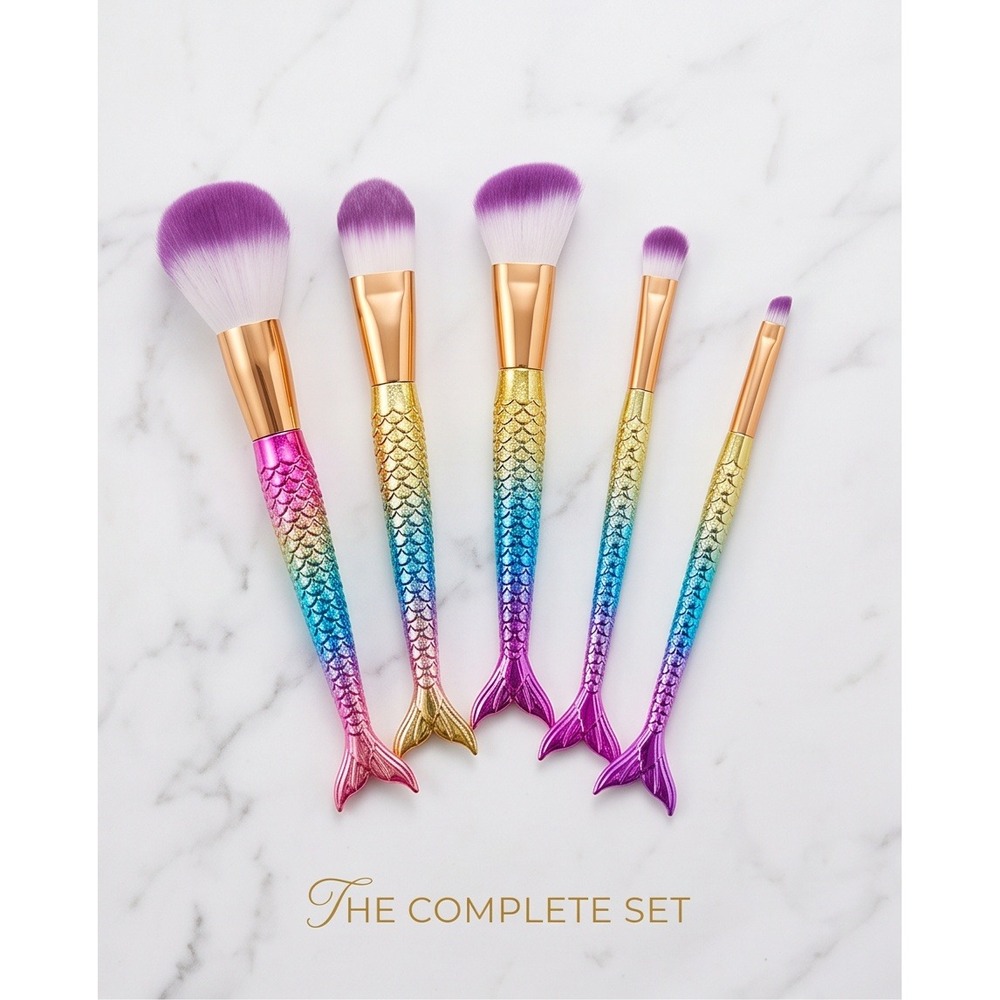 Afia‎ 5pcs Rainbow Mermaid Makeup Brush Set with Silicone Makeup Sponge Colorful